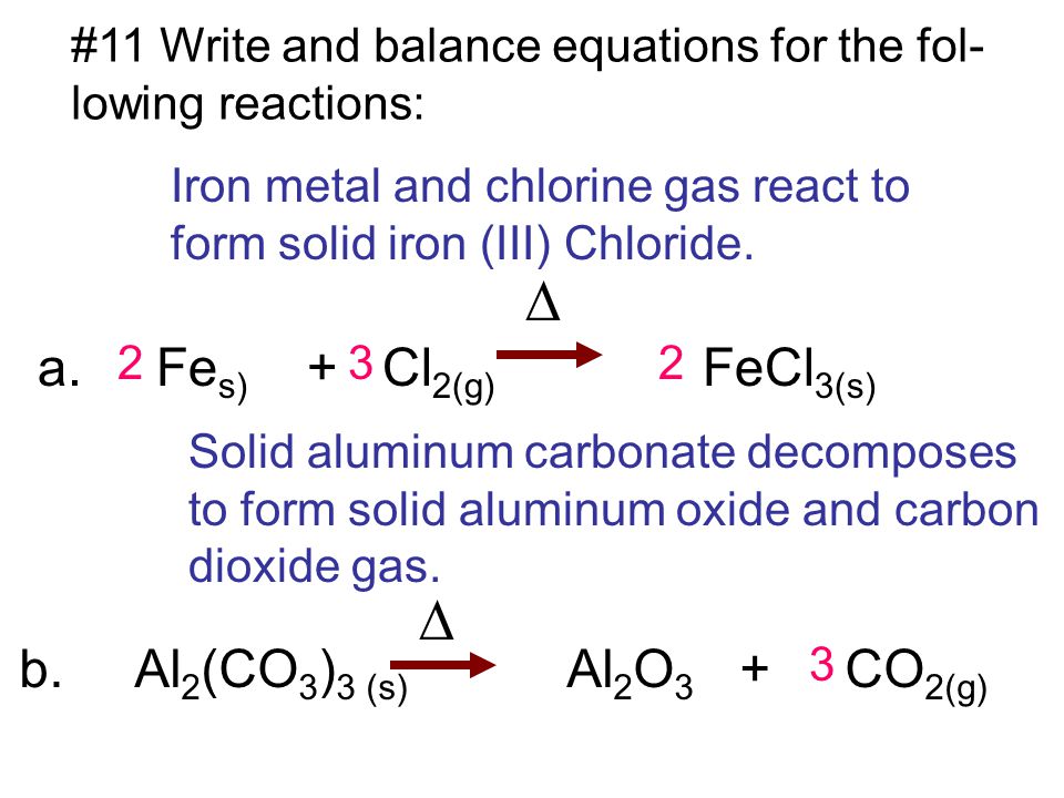 Write a balanced equation for iron metal and chlorine gas formula